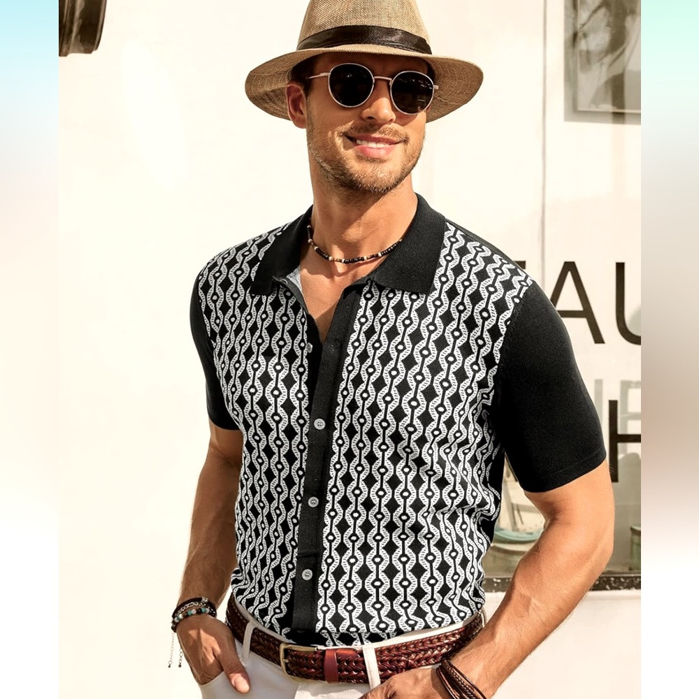 Men's Black and White Patterned Casual Button Down Shirt